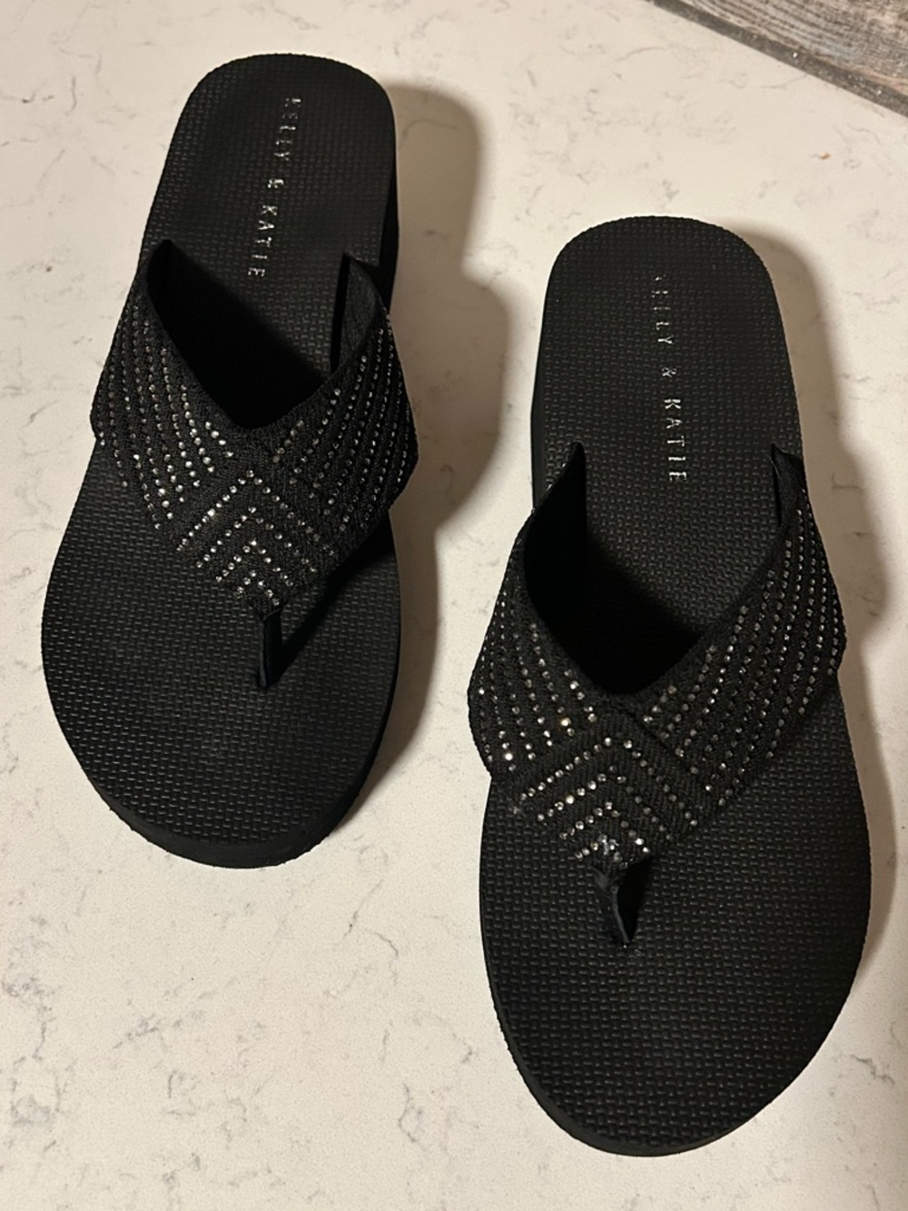 Kelly & Katie Black Wedge Flip Flop Thong Platform Sandal with Rhinestone Accent - Picture 5 of 16